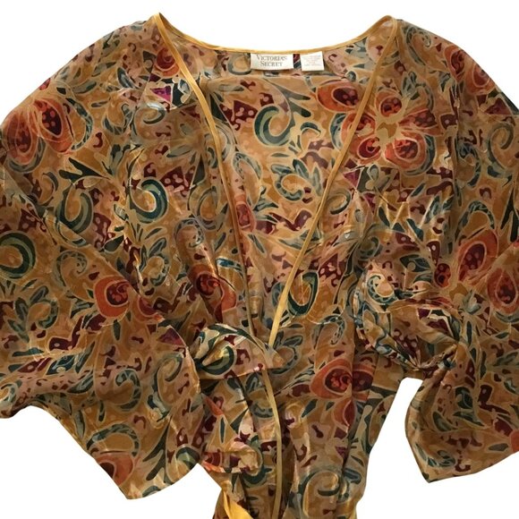 VTG Gold Label Victoria's Secret Woman Abstract Kimono Robe Satin Belt Swim S/P - Picture 3 of 13